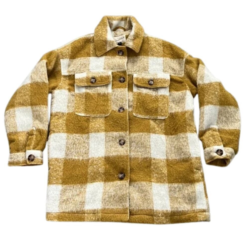 Universal Thread Dragon Moss Plaid Button
Front Shacket Coat Mustard Cream Sz S